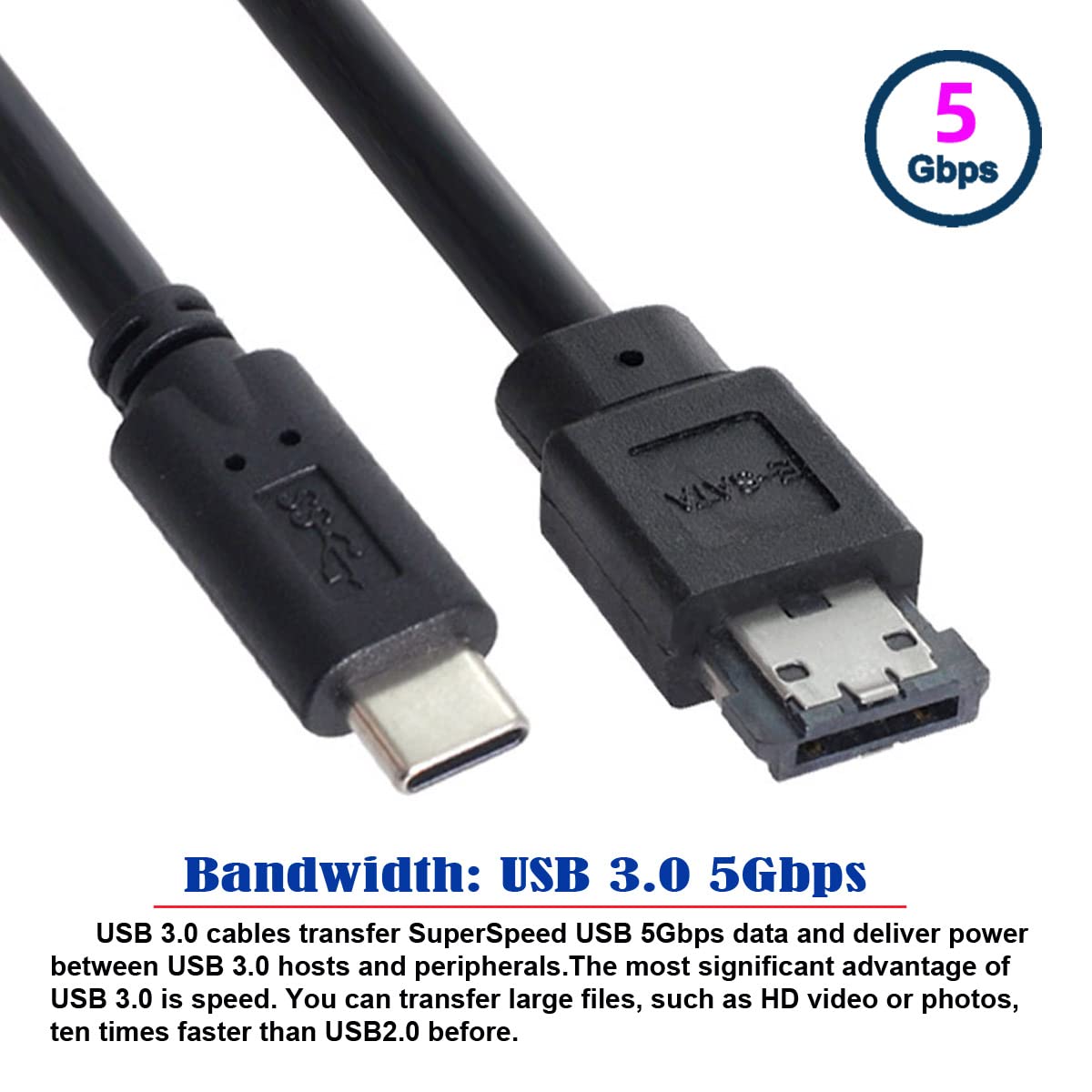 cablecc USB-C Type-C to Power Over eSATA DC5V Adapter USB3.0 to HDD/SSD/ODD eSATAp Converter Cable