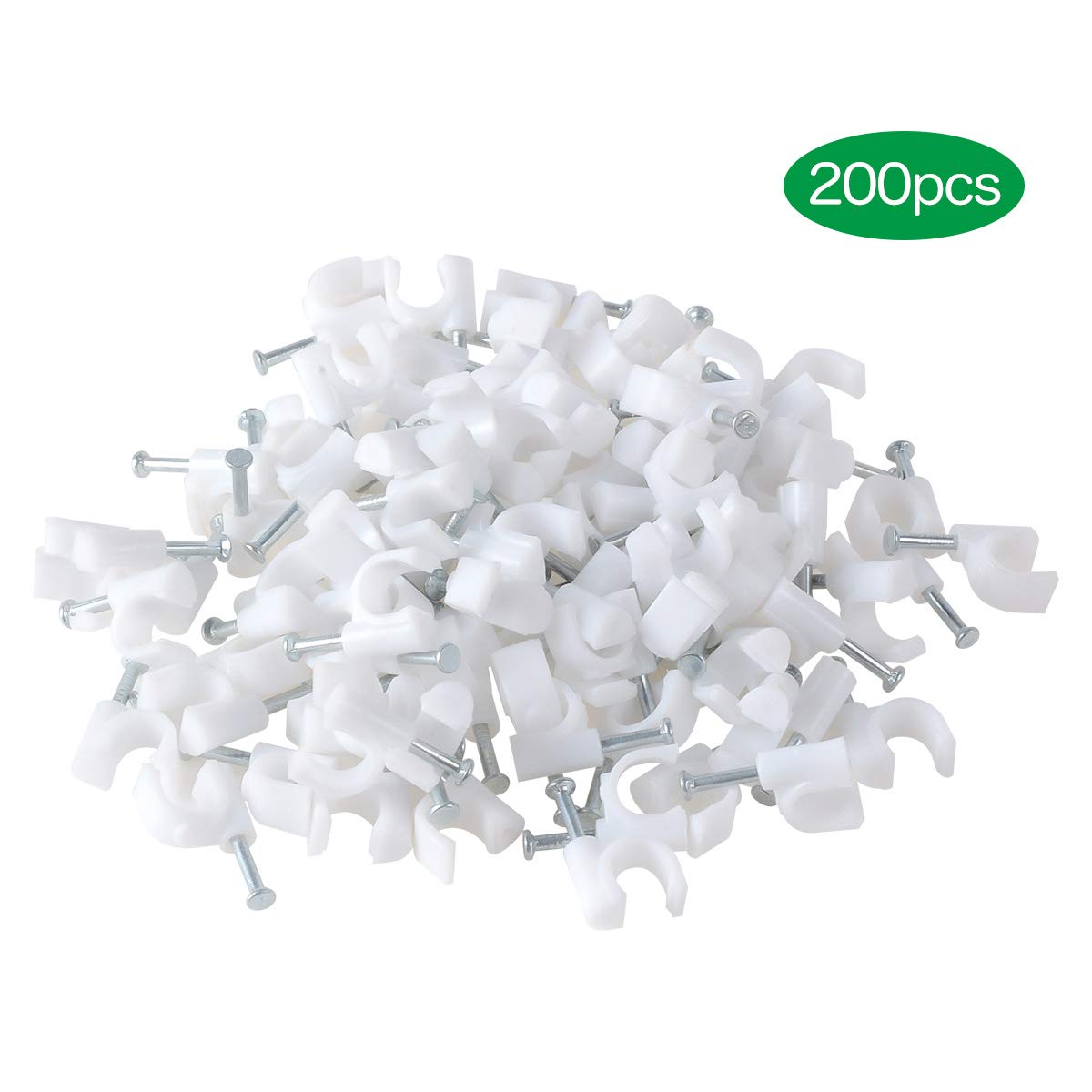 TENINYU 200 Pack Nail In Cable Clips Cable Management Ethernet Cable Nails Tacks Clips 7mm for RG6 Cat6 Cable - White