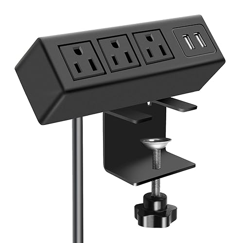 CCCEI 3 Outlet Desk Clamp Power Strip with USB Ports, Desktop Power Strip Surge Protector 1200J. Table Mount Charging Power Station, on Edge Power