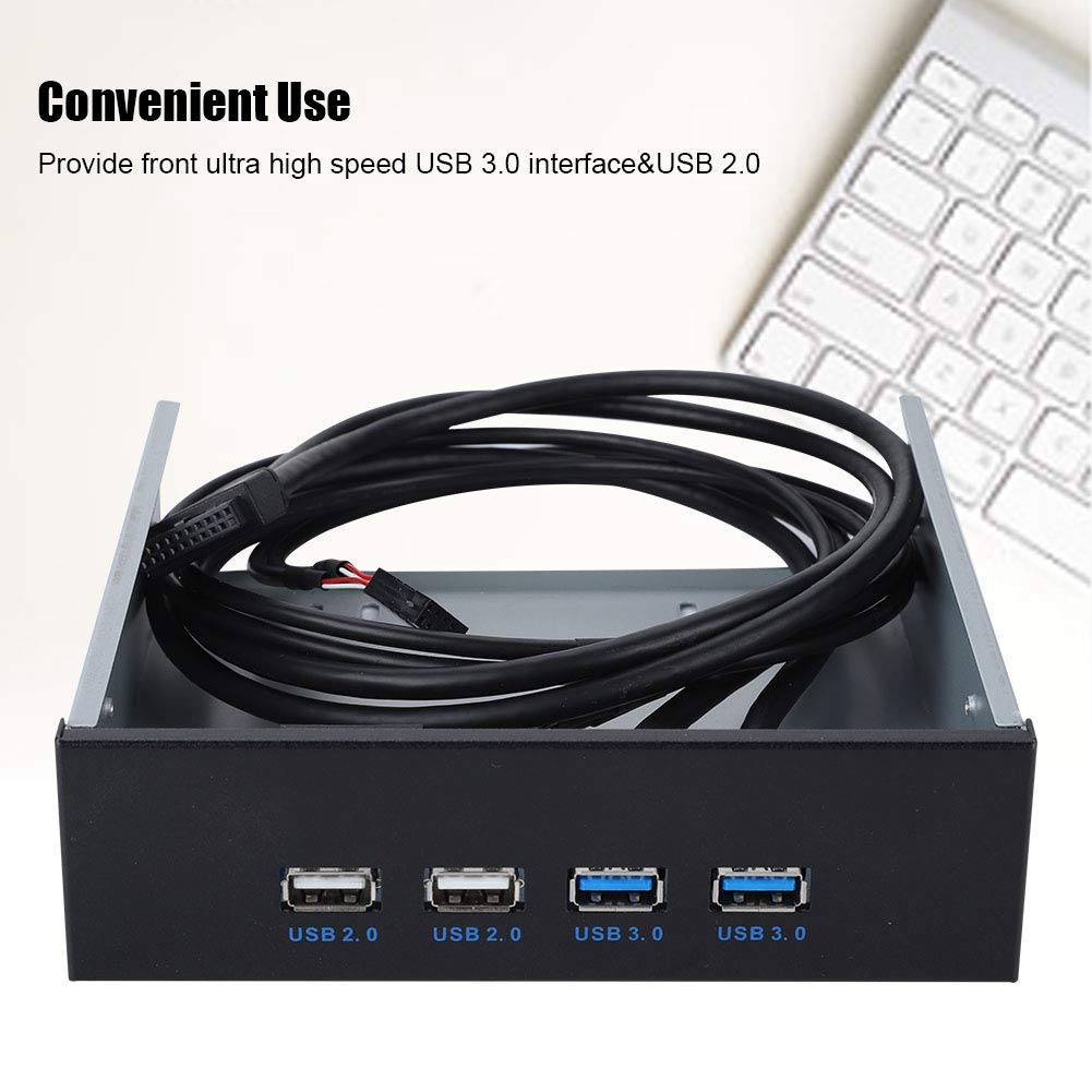 ASHATA 5.25" Front Panel,4 USB Port Optical Drive Front Panel,Multifunction 5.25 Inch 19 Pin/9Pin to USB 3.0 USB 2.0 4 Port Metal Optical Drive Bay