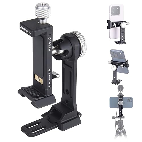 AOKA Metal Phone Tripod Mount, Arca Compatible Base with Cold Shoe, 360° Swivel and 180° Tilt Adjustment, Includes Multiple 1/4 Bolt Expansion Ports