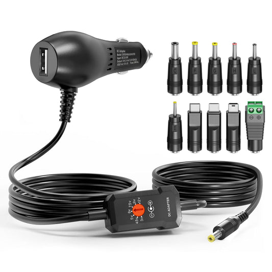 Powseed 34W 3V 4.5V 5V 6V 7.5V 9V 12V DC Car Charger with 10 Tips and USB Cigarette Lighter Adapter Power Supply Cord for Portable DVD Player Dash cam