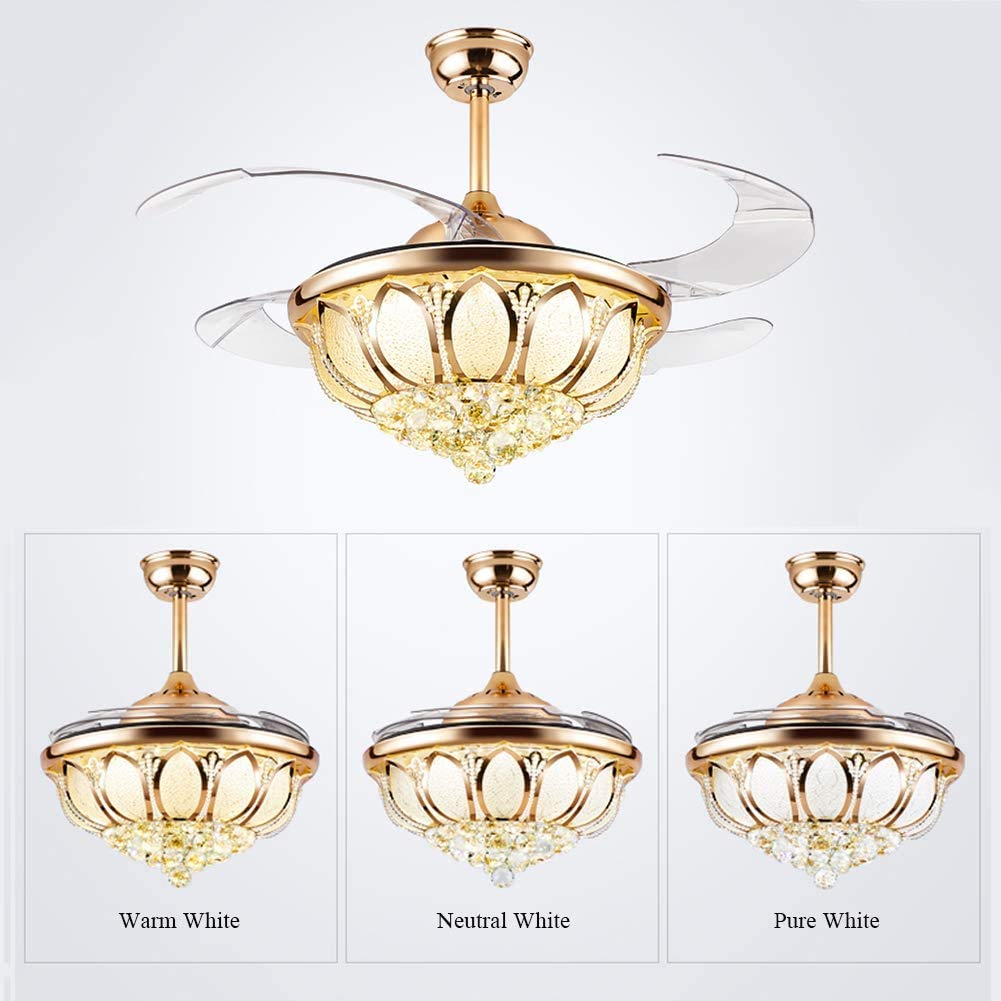TFCFL 42" Crystal Ceiling Fan with Light, Modern Invisible Chandelier with Controller Retractable Blades Dimmable Pendant Lighting Fixture