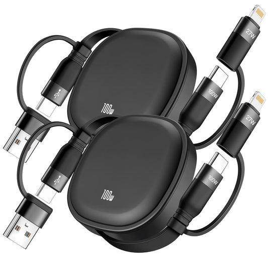 5 in1 Retractable USB Type C Cable 100W, 2Pack Multi Charging Cable 5A Fast Charging Cord USBC Cable with USB A+C to L/C Travel Essentials Charger