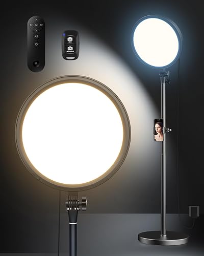 Aureday 12” Ring Light with Stand and Phone Holder, 79” Tall LED Circle Light with Weighted Base & Remote, Dimmable Floor Lamp for Video Recording