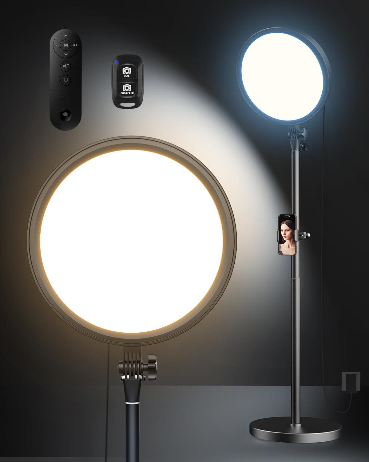 Aureday 12” Ring Light with Stand and Phone Holder, 79” Tall LED Circle Light with Weighted Base & Remote, Dimmable Floor Lamp for Video Recording