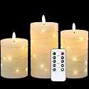 Eldnacele Flameless Candles Battery Operated with Remote and Timer, 3D Wick Flickering Embedded String Lights Real Wax LED Pillar Candles Christmas