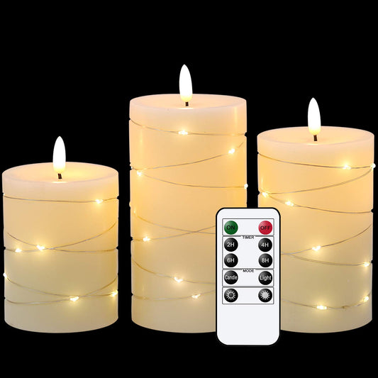 Eldnacele Flameless Candles Battery Operated with Remote and Timer, 3D Wick Flickering Embedded String Lights Real Wax LED Pillar Candles Christmas