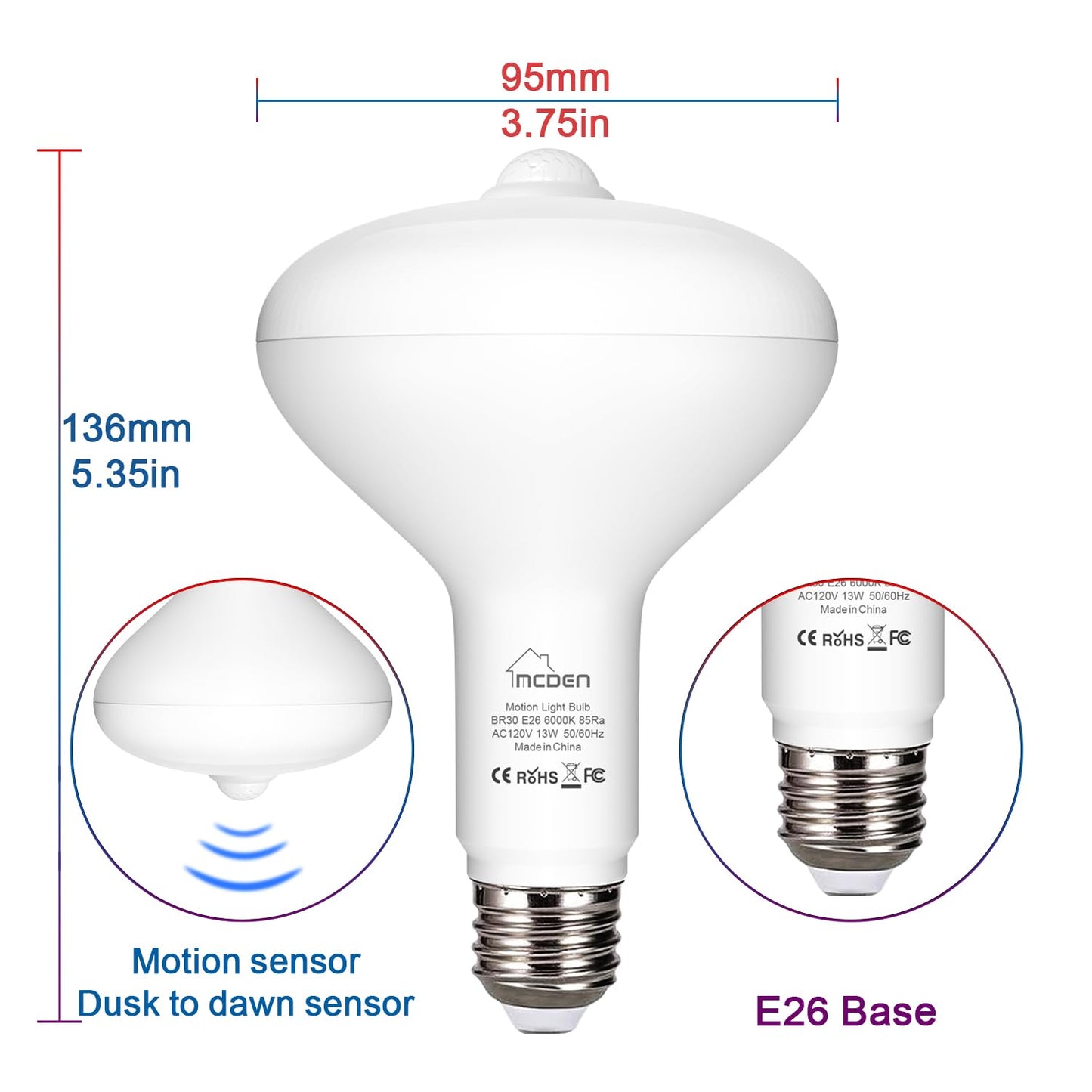 McDen Motion Sensor Light Bulb, BR30 13W Equivalent 100W 6000K Daylight, Indoor Motion Activation Detector Light Bulb, E26 Base Dusk to Dawn Security