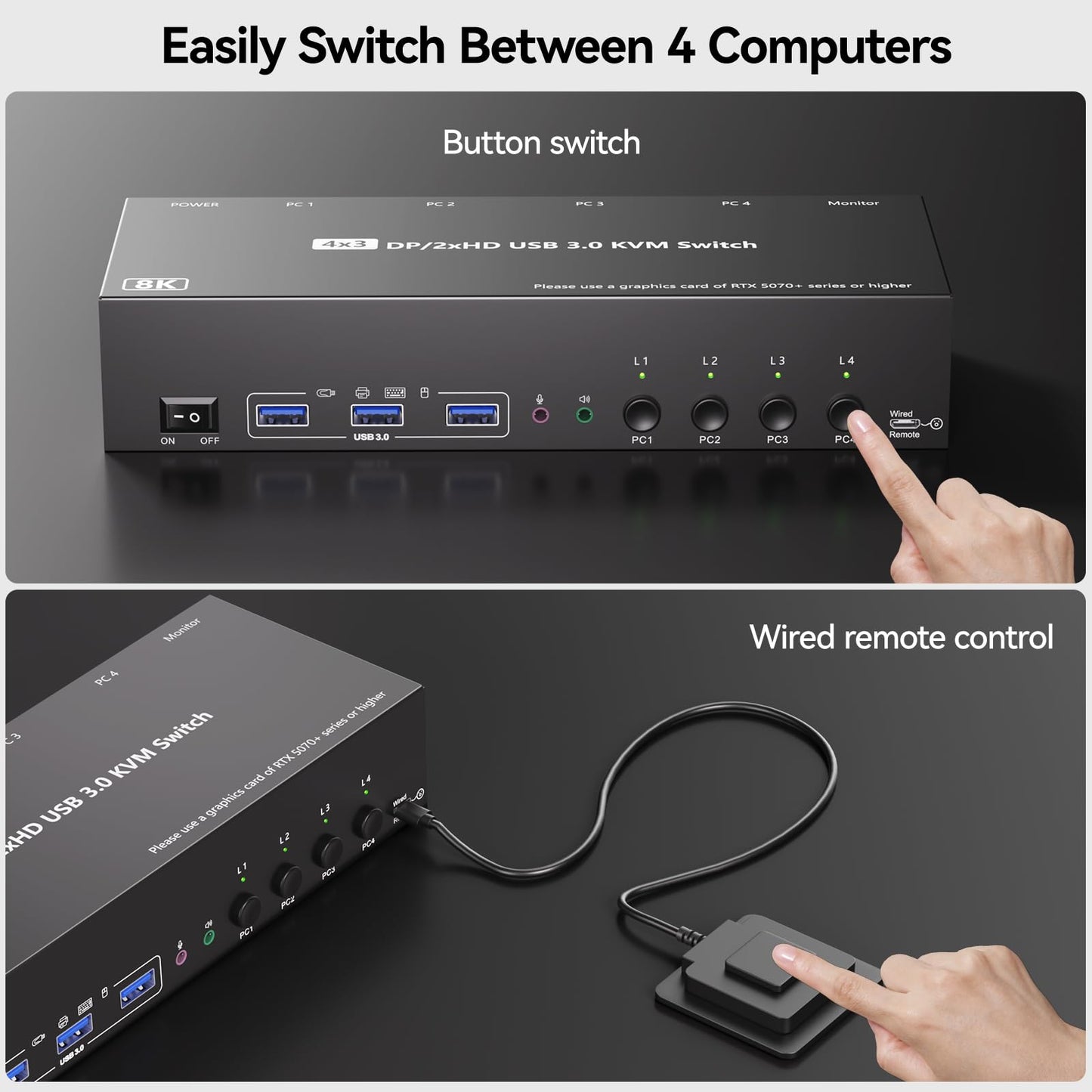 KVM Switch 3 Monitors 4 Computers with Audio, HDMI + DisplayPort 8K@30Hz/4k@144Hz DP KVM Switcher, USB 3.0 KVM Switches for 4 PC Share 3 Display