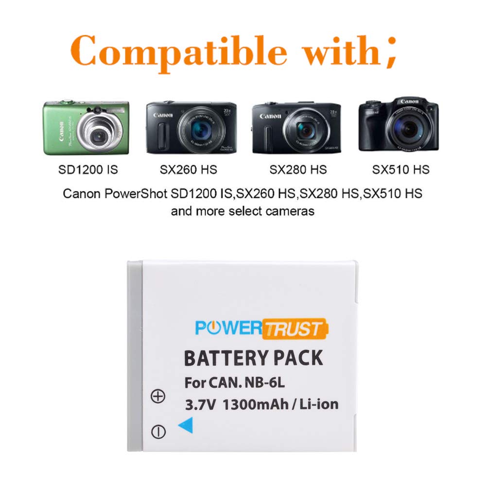 PowerTrust 2 Pack NB-6L NB-6LH Camera Battery and LCD USB Charger for Canon PowerShot SX170 is, SX240 HS, SX260 HS, SX270 HS, SX280 HS, SX500 is
