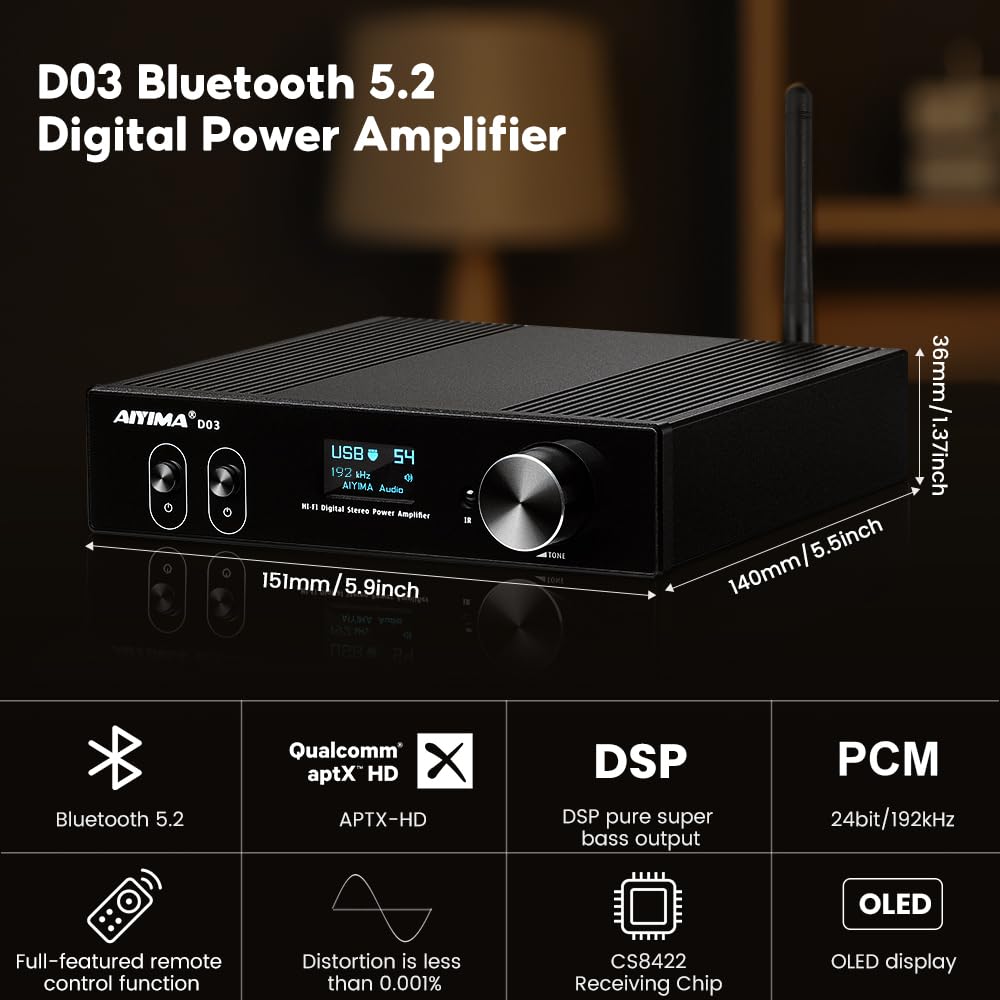 AIYIMA D03 Bluetooth 5.0 DAC Amplifier 150 Watt x 2 Stereo HiFi 2.1 CH Digital Sound Amplificador 24Bit/192kHz Class D Power Amp USB Coaxial Optical