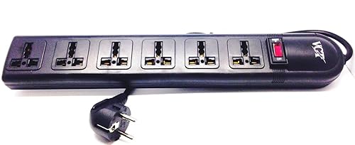 VCT WPSB 220/240 Volt 6-Universal Outlet Power Strip and Surge Protector 13 Amp Circuit Breaker 50/60 Hz 450 Jules with Grounded Euro Plug