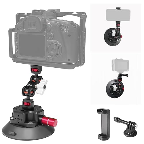 CNC Machined 4.5in Suction Cup Camera Mount with Ball Head Magic Arm, 1/4" ARRI Holes, Quick Release Car Mount with Phone Holder&Action Camera Adapter
