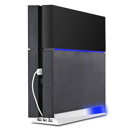 KlsyChry Vertical Stand for PS4 White, Blue Light Base Led Bracket Mount Holder Stand for PS4 PlayStation 4 Console with 3 USB Hub Ports -White