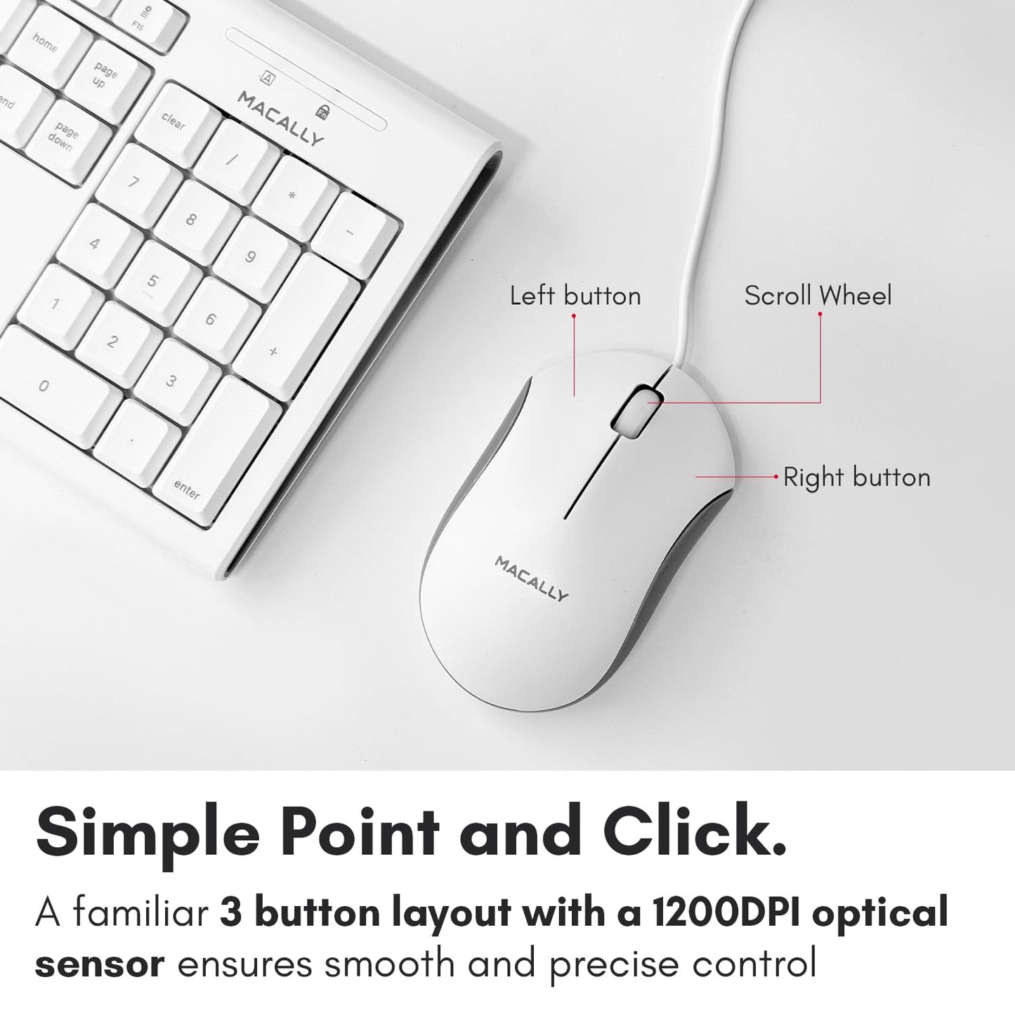 Macally Full Size USB Wired Mac Keyboard and Mouse Combo - Compatible Ergonomic Apple Keyboard and Mouse with Shortcuts and Number Keypad for Mac mini