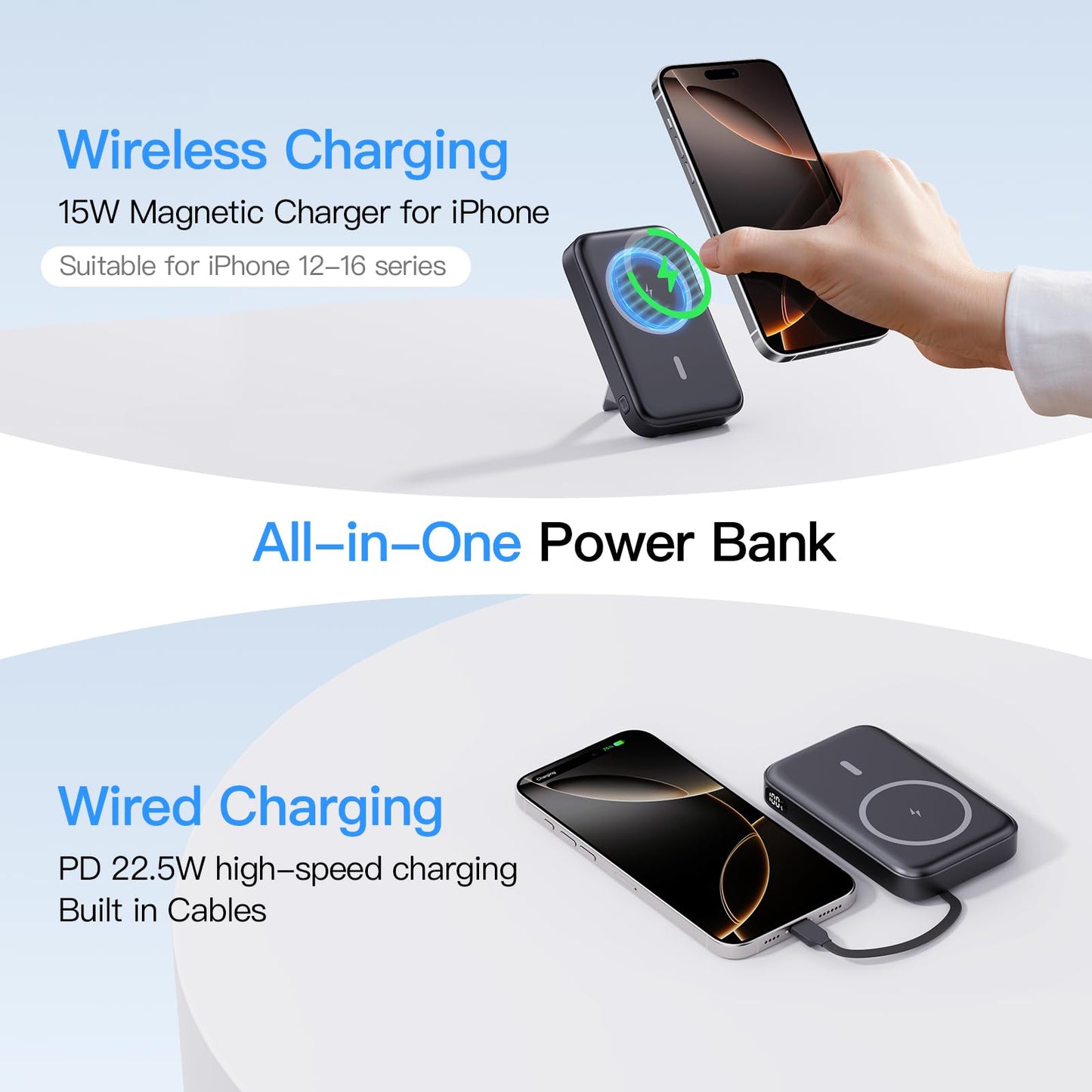 VTIAEK 2026 Latest Portable Charger, 16800mAh Magnetic Wireless Power Bank with 2 Built in Cables, LED Display Battery Pack Travel Essentials