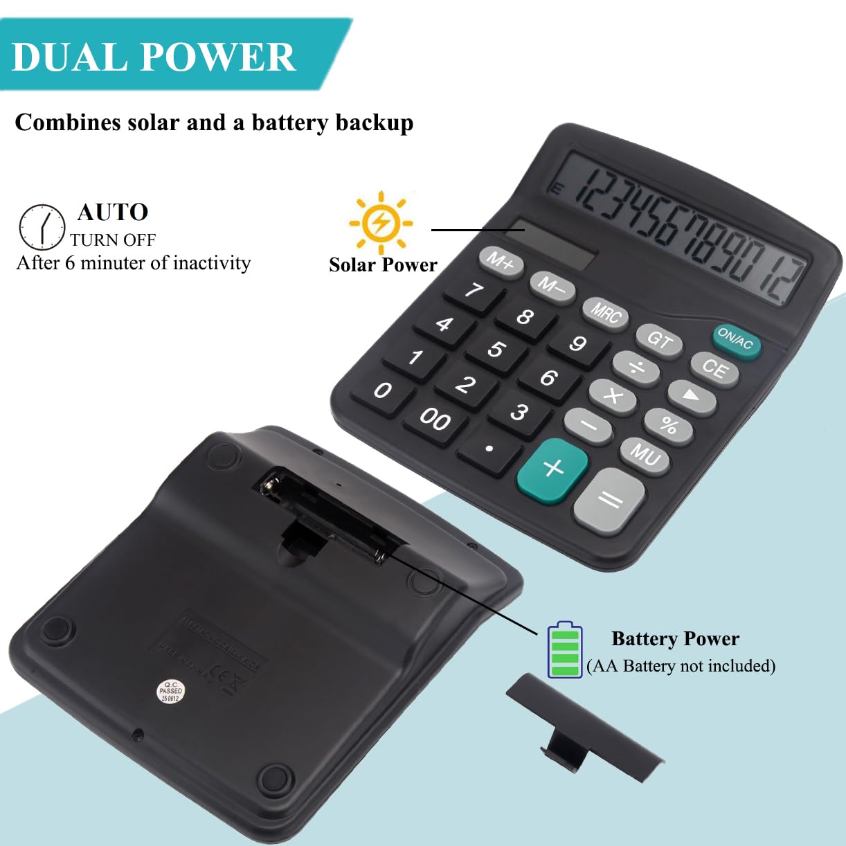 Desk Calculator, Basic Office Calculator with 12 Digits Large Display, Dual Solar Power and Battery, 4 Function Simple Calculation, Big Button