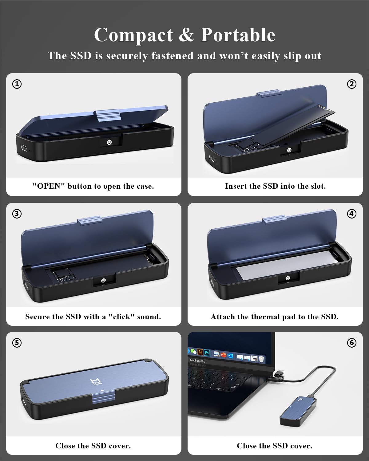 M.2 NVMe SSD Enclosure USB 3.2 Gen 2 10Gbps, Tool-Free External SSD Case Reader, Aluminum Cooling, Compatible with M&M+B Key NVMe SSD, Fit