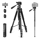 NEEWER Basics TP05 74" Video Tripod Monopod, 3 Way Pan Tilt Head Phone Holder Compatible with iPhone DSLR, Travel Recording Stand, Overhead Camera
