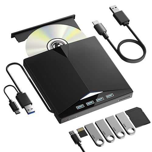 External CD/DVD Drive for PC, Portable 7 in1 USB 3.0 CD Drive External Usb, CD Reader for PC CD Burner with 4 USB Ports and TF/SD Card Slots, External
