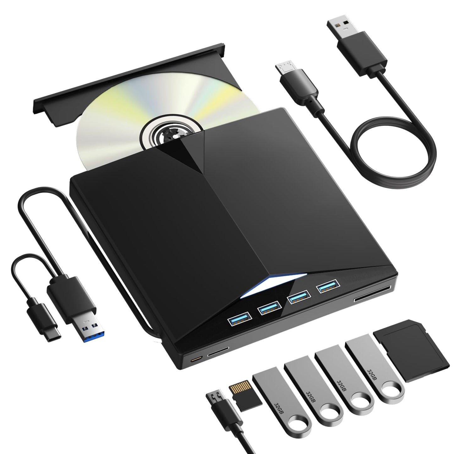 External CD/DVD Drive for PC, Portable 7 in1 USB 3.0 CD Drive External Usb, CD Reader for PC CD Burner with 4 USB Ports and TF/SD Card Slots, External