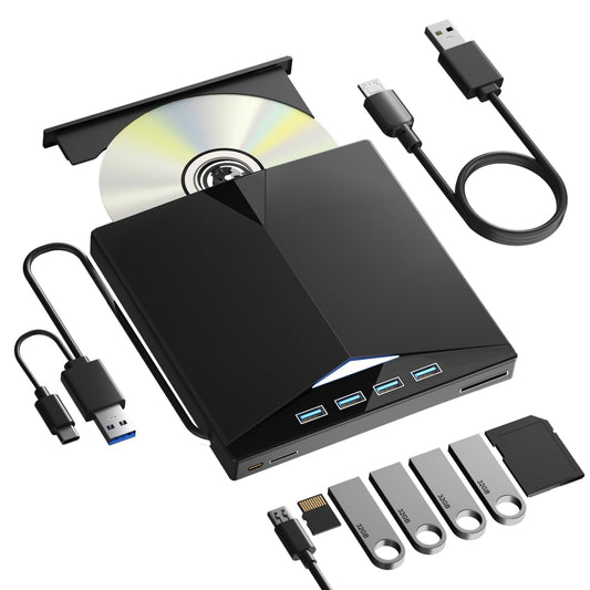 External CD/DVD Drive for PC, Portable 7 in1 USB 3.0 CD Drive External Usb, CD Reader for PC CD Burner with 4 USB Ports and TF/SD Card Slots, External