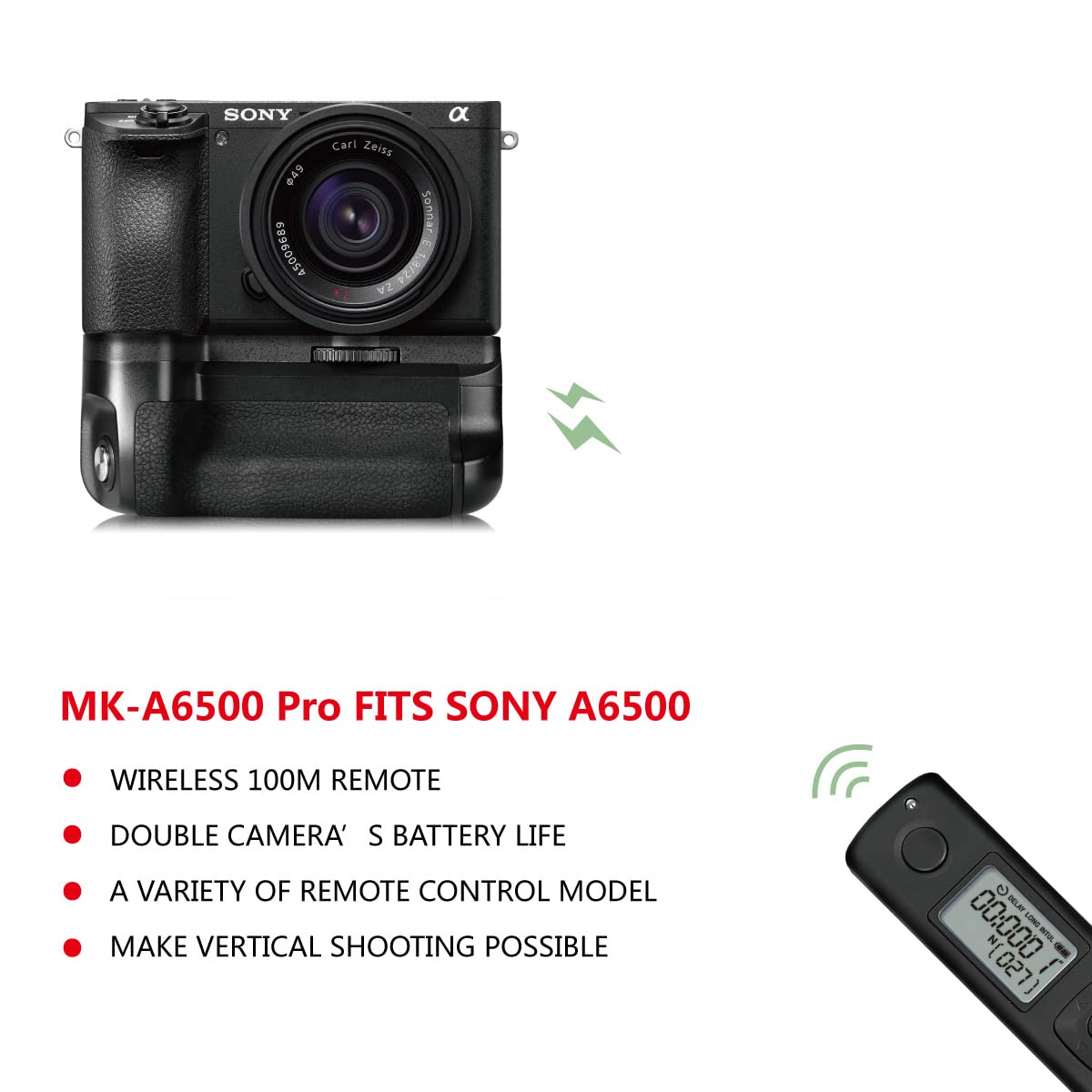 Meike MK-A6500 Pro Battery Grip Built-in Remote Controller Up to 100M to Control Shooting Vertical-Shooting Function for Sony A6500 Mirroless Camera