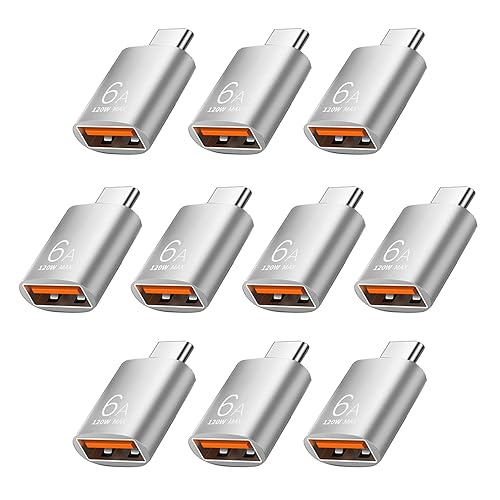 Pastall 10 Pack 10Gbps/120W USB C to USB3.1 Adapter, Silver Type C Male to USB Female Adapter for Smartphone, PC, Laptop, Tablet, Keyboard etc.