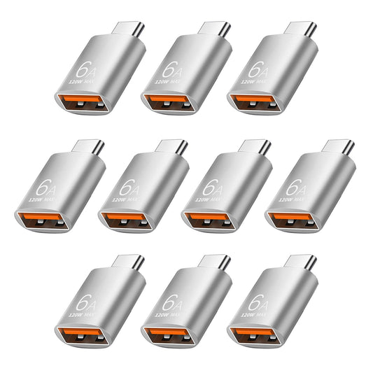 Pastall 10 Pack 10Gbps/120W USB C to USB3.1 Adapter, Silver Type C Male to USB Female Adapter for Smartphone, PC, Laptop, Tablet, Keyboard etc.
