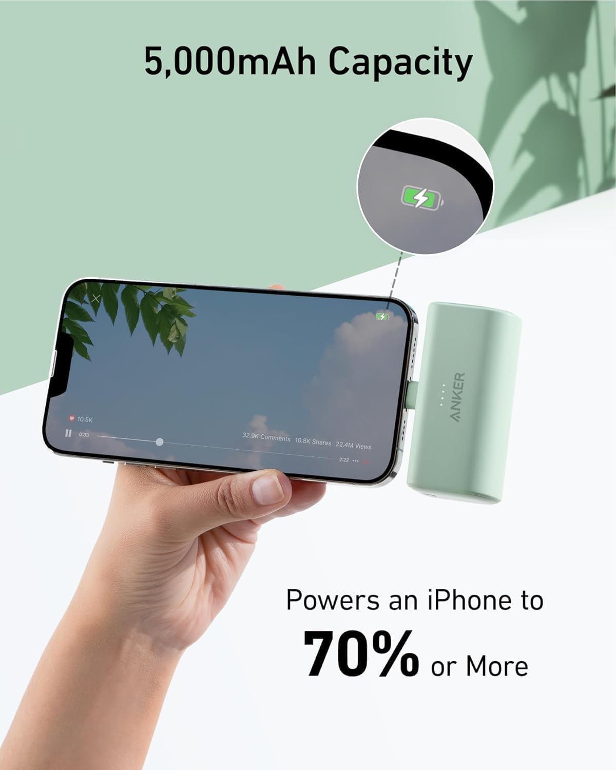 Anker Nano 5,000mAh Portable Charger for iPhone, MFi Certified Built-in Lightning Connector, 12W Compact Battery Pack for iPhone 14/13/12 Series