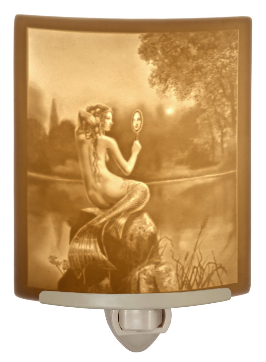 The Porcelain Garden Mermaid Night Light, Etched Porcelain Lithophane Mermaid & Mirror, Art By David Delamare, Decorative Wall Plug in