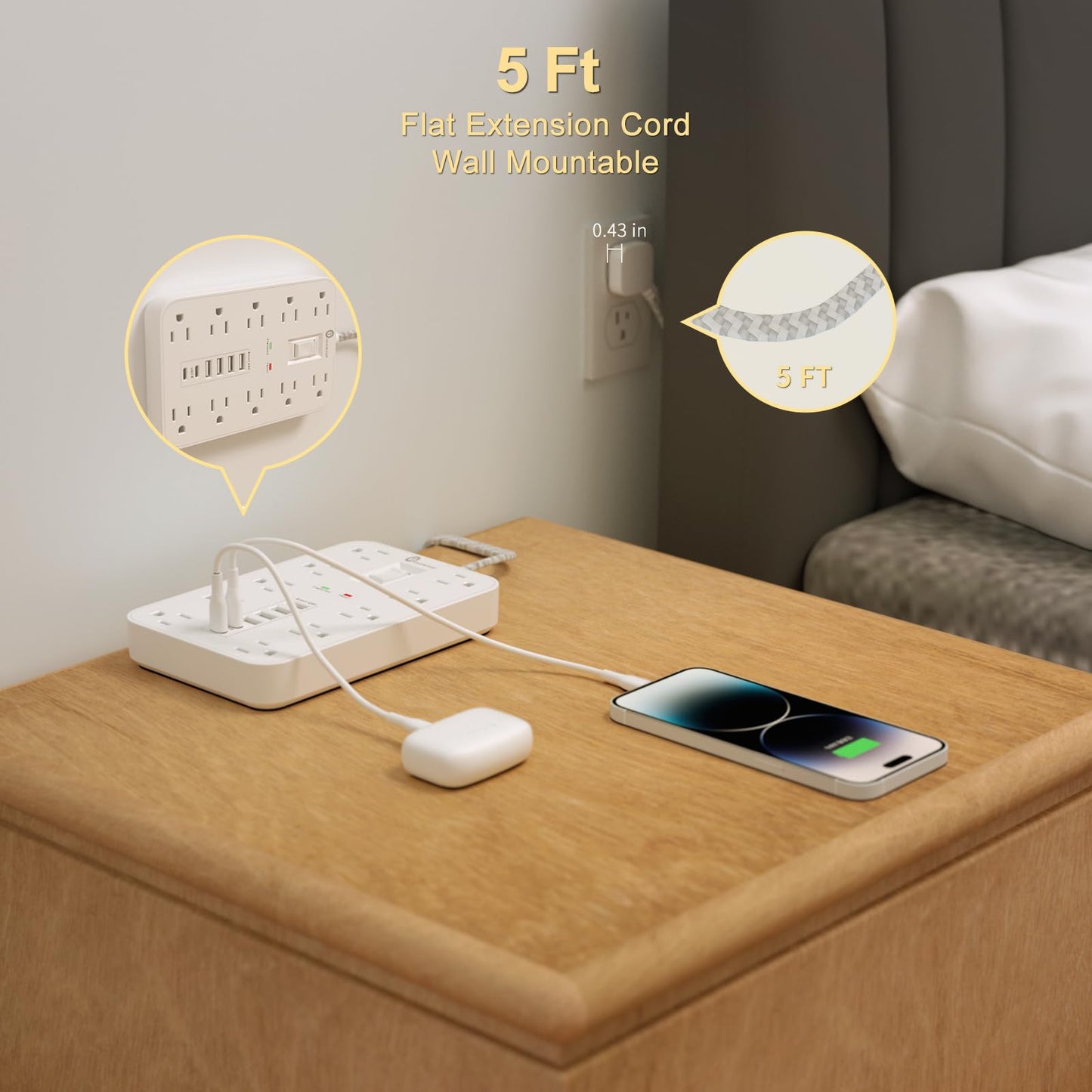 Power Strip Surge Protector, OVERTOP 5 Ft Braided Extension Cord Flat Plug, 10 Widely Spaced Outlets with 6 USB Ports (2 USB C), Wall Mount Desk