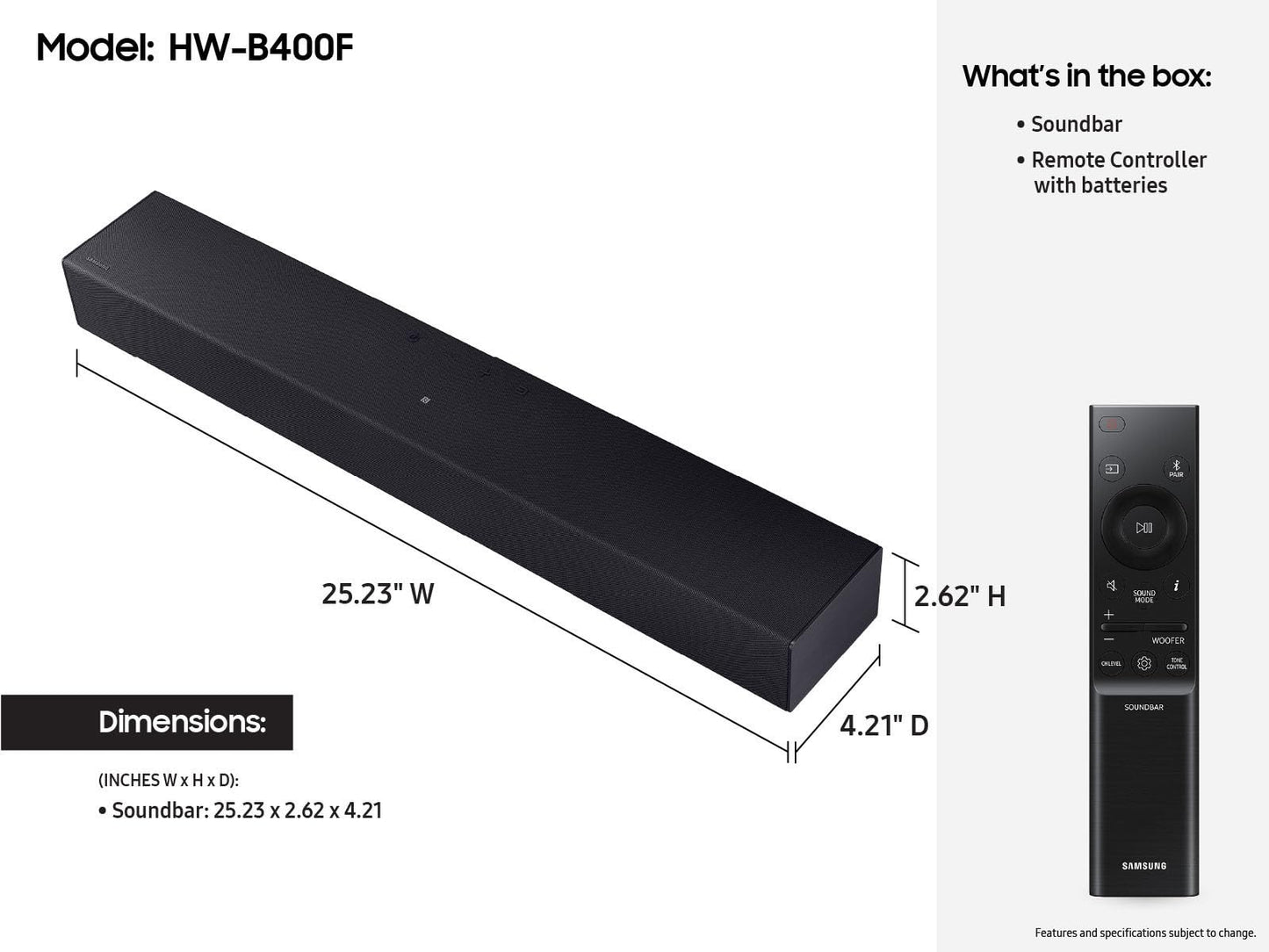 Samsung HW-B400F B-Series 2.1ch Soundbar with Wireless Subwoofer - Deep Bass, Smart Sound & Game Mode - Bluetooth Wireless TV Connection for Home