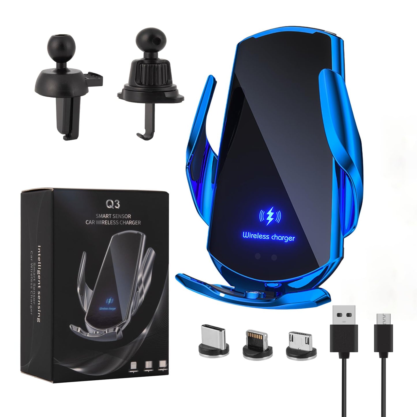 LFNOWN Wireless Car Charger Phone Mount 15W Fast Charging Auto Clamping Car Charger Mount Phone Holder fit for Android Smartphone(Blue)