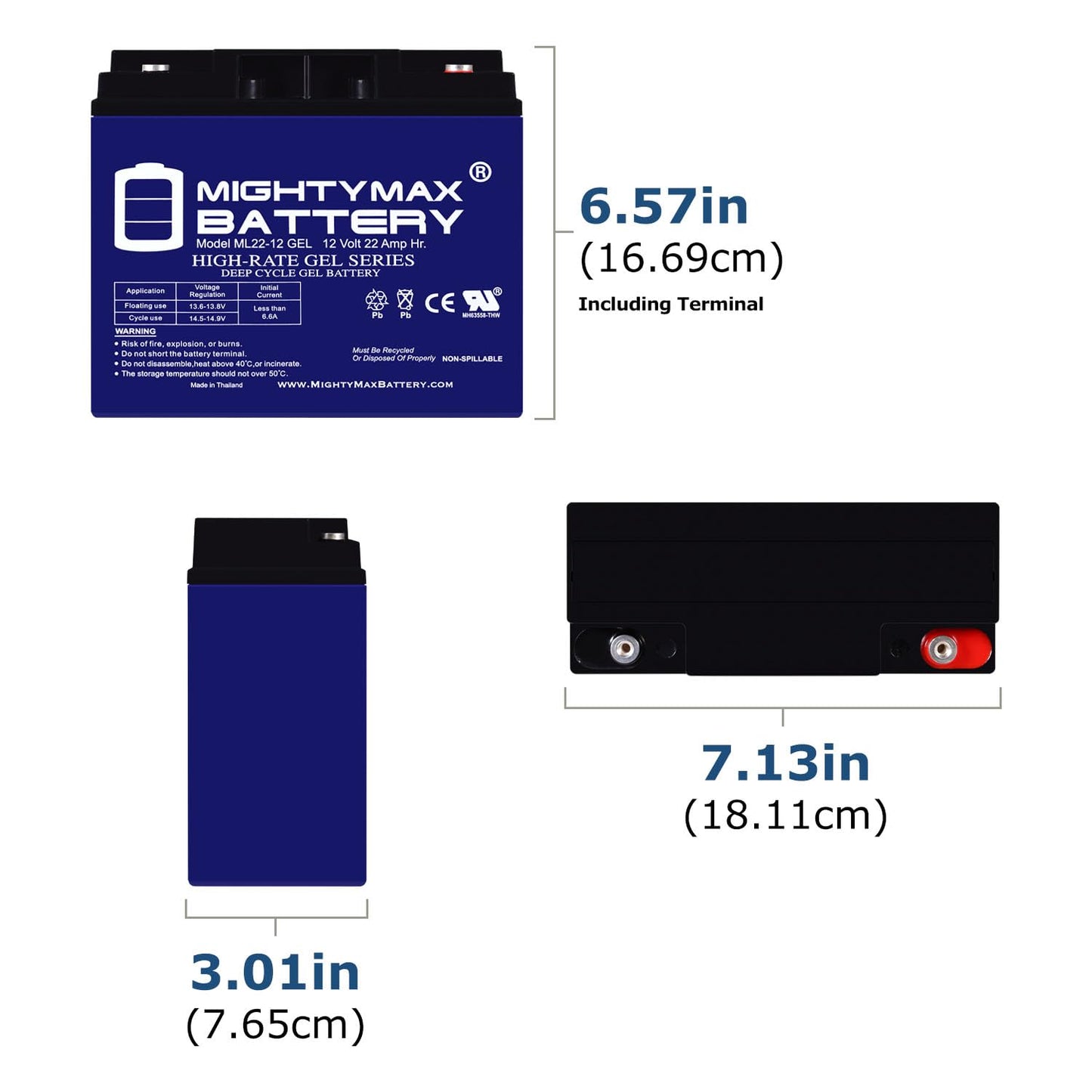 Mighty Max Battery ML22-12 GEL - 12 Volt 22 AH, GEL Type, Internal Thread (INT) Terminal, Rechargeable SLA AGM Battery