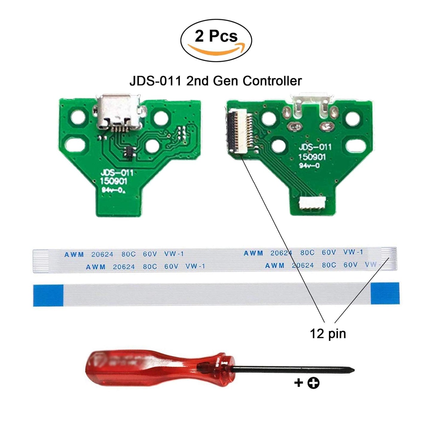 Rinbers® Pack of 2 JDS-011 Replacement Charging Port Micro USB Adaptor Charger Socket Circuit Board with 12 Pin Flex Cable for Sony PS4 2nd Gen