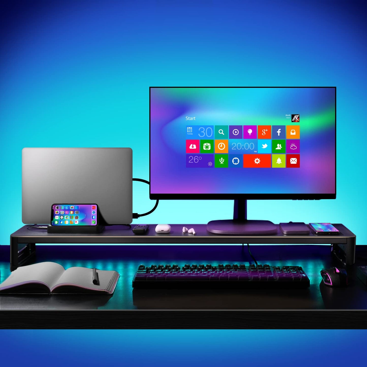 EAXBUX Dual Monitor Stand with Wireless Charging and 4 USB 3.0 Ports, Steel Monitor Stands for 2 Monitors, Metal Computer Stand Riser for Desk