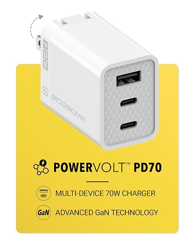 Scosche PowerVolt 70W Fast Charging Compact 3-Port Wall Charger Block, Dual USB-C & USB-A GaN Power Delivery Adapter with Foldable Plug for iPhone