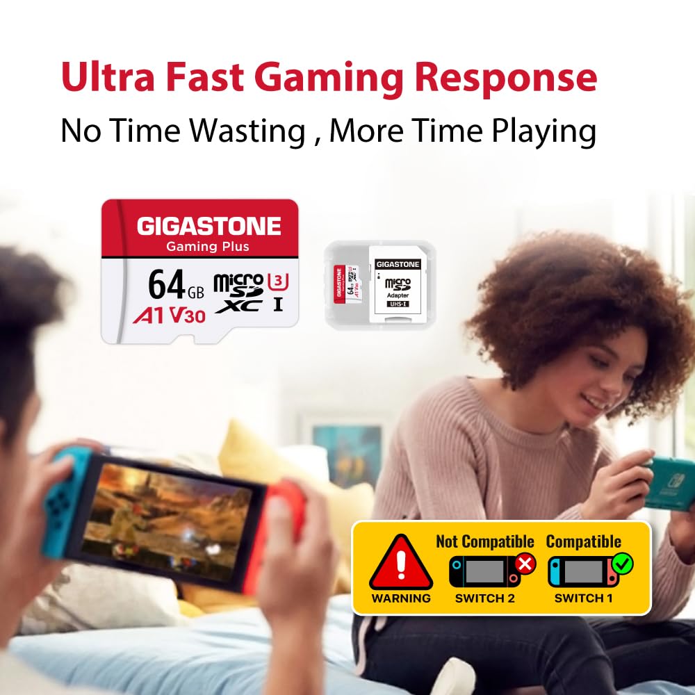 ?For Switch 1 Only? GIGASTONE 64GB Micro SD Card, Gaming Plus, Nintendo-Switch Compatible, High Speed 90MB/s, 4K UHD Video Recording, Micro SDXC UHS-I