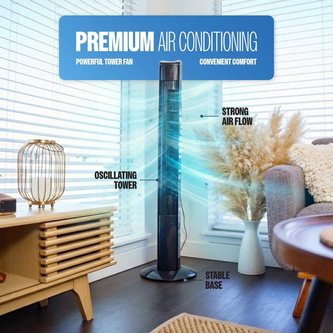 Hazel 49" Oscillating Tower Fan with Remote - Quiet 3-Speed, Black