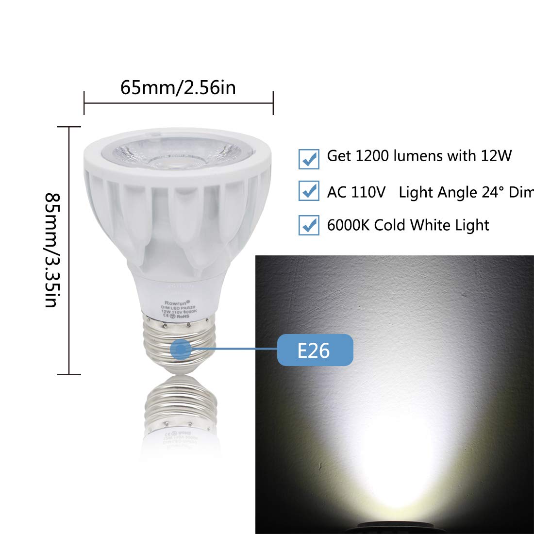 Rowrun PAR20 12W Narrow Flood LED Bulb E26 Dimmable 24° 6000K 2-Pack