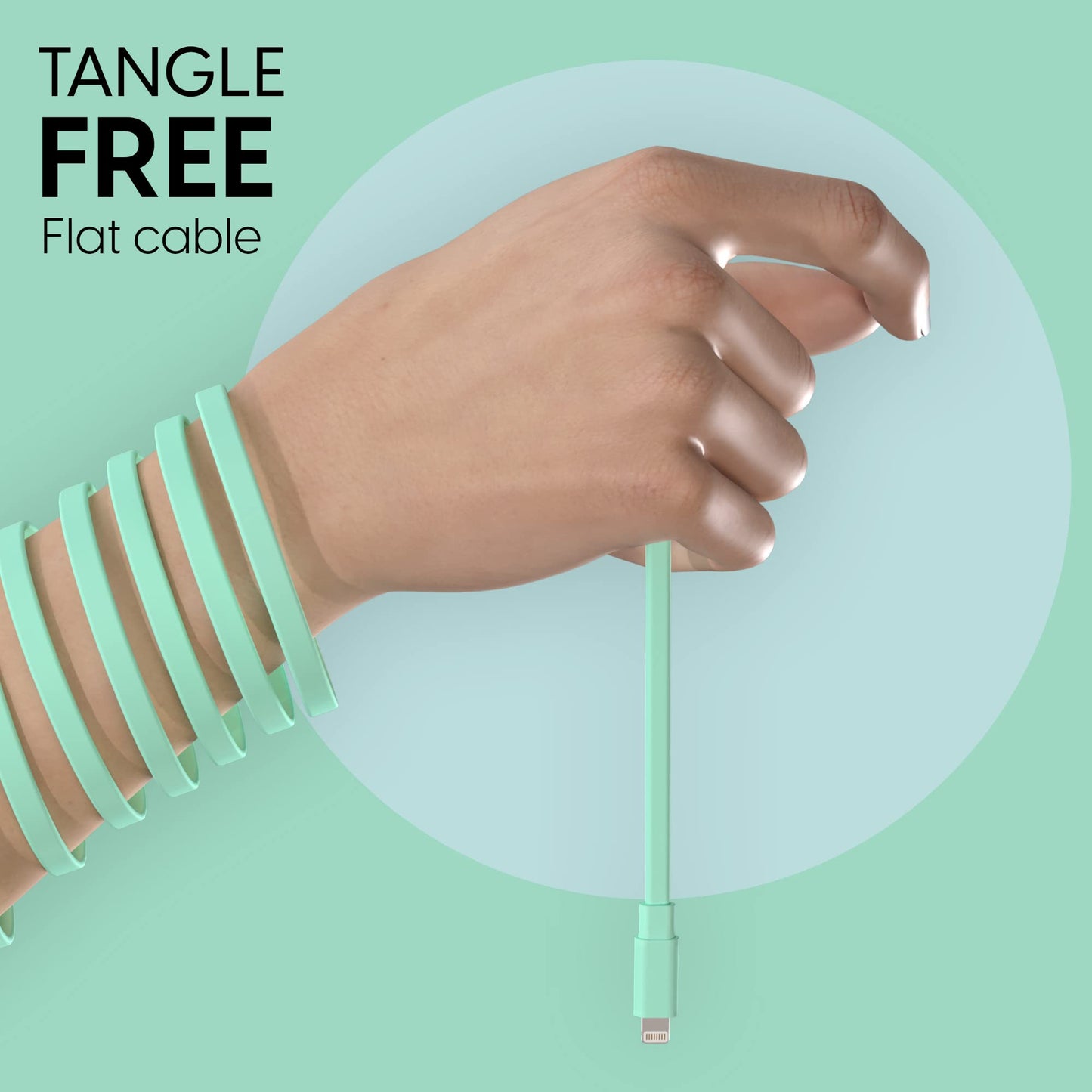TalkWorks Flat Lightning Charging Cable - Compatible with iPhone 14/13/12/11/XR/XS/8/7/6/5 - 7' Mint Green Charger Cord