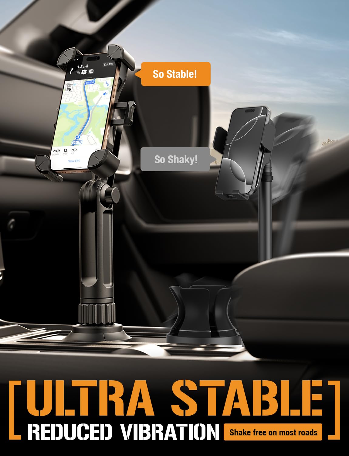 ToughTested Boom Cup Holder Phone Holder for Car - Adjustable Cell Phone Mount, No Vibration Heavy Duty Bendable Boom Arm, Expandable Grip, 360