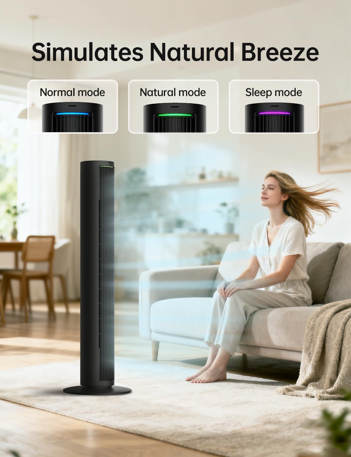 PHILODECO Tower Fan For Bedroom, 40 Inch Bladeless Fan, 80 ° Oscillating Fan, Silent Floor Fan With Remote Control Led, 4-Speed Multiple Modes, 7h