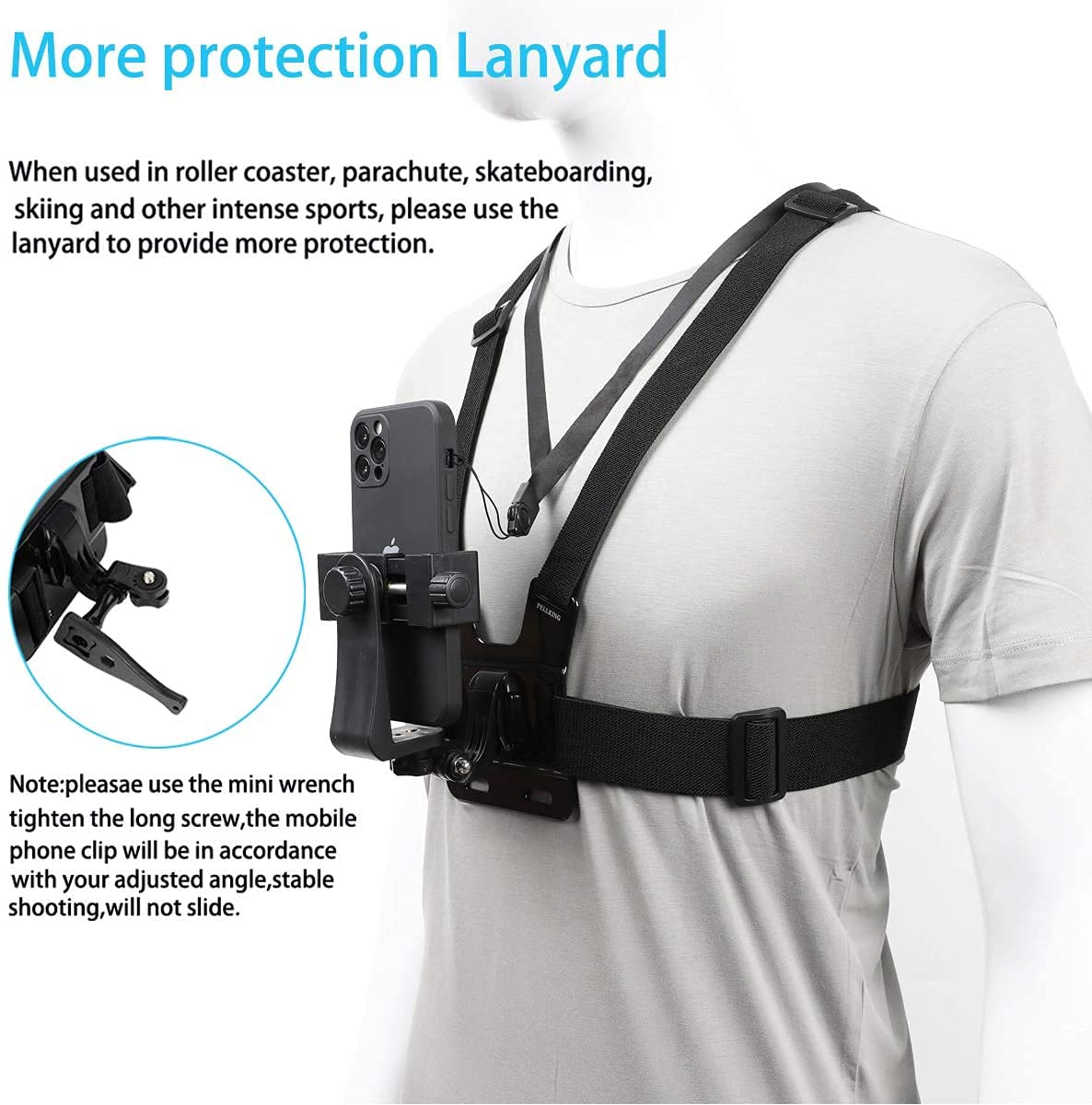 PellKing Mobile Phone Chest Mount Harness Strap Holder Cell Phone Clip Action Camera POV for Samsung iPhone Plus etc