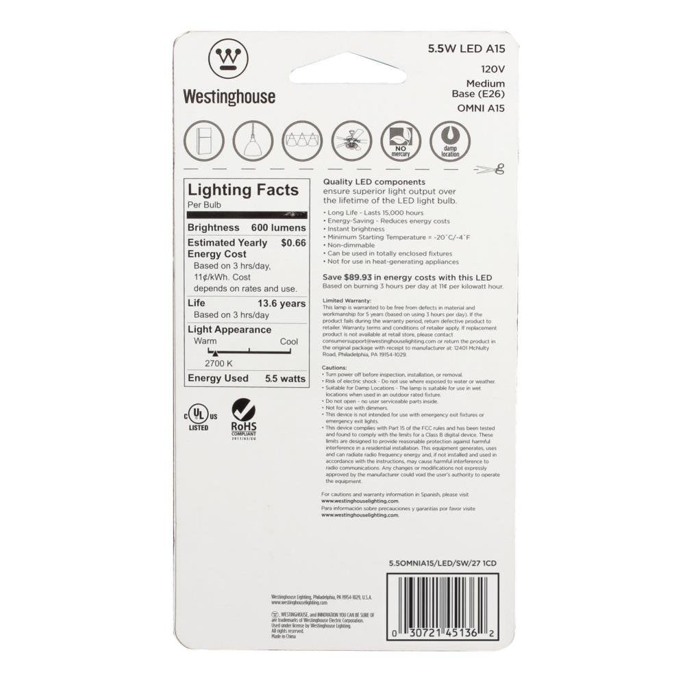 Westinghouse 4513620 60W Equivalent A15 Soft White Led Light Bulb with Medium Base (4 Pack)