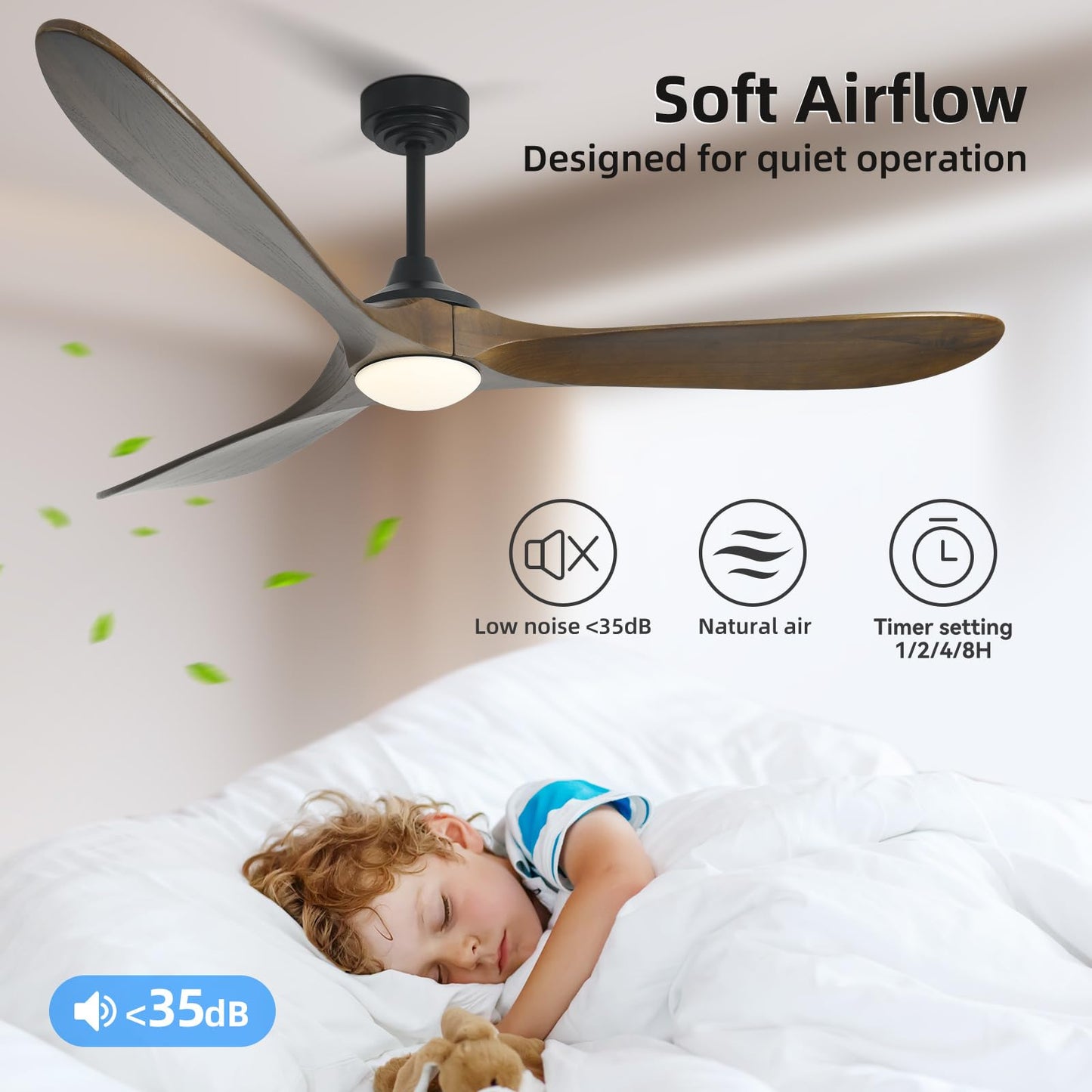 Homlit Ceiling Fan with Lights, 72'' Solid Wood Indoor/Outdoor Ceiling Fan with Quiet Reversible DC Motor, Compatible with Alexa/Google/App, 3CCT