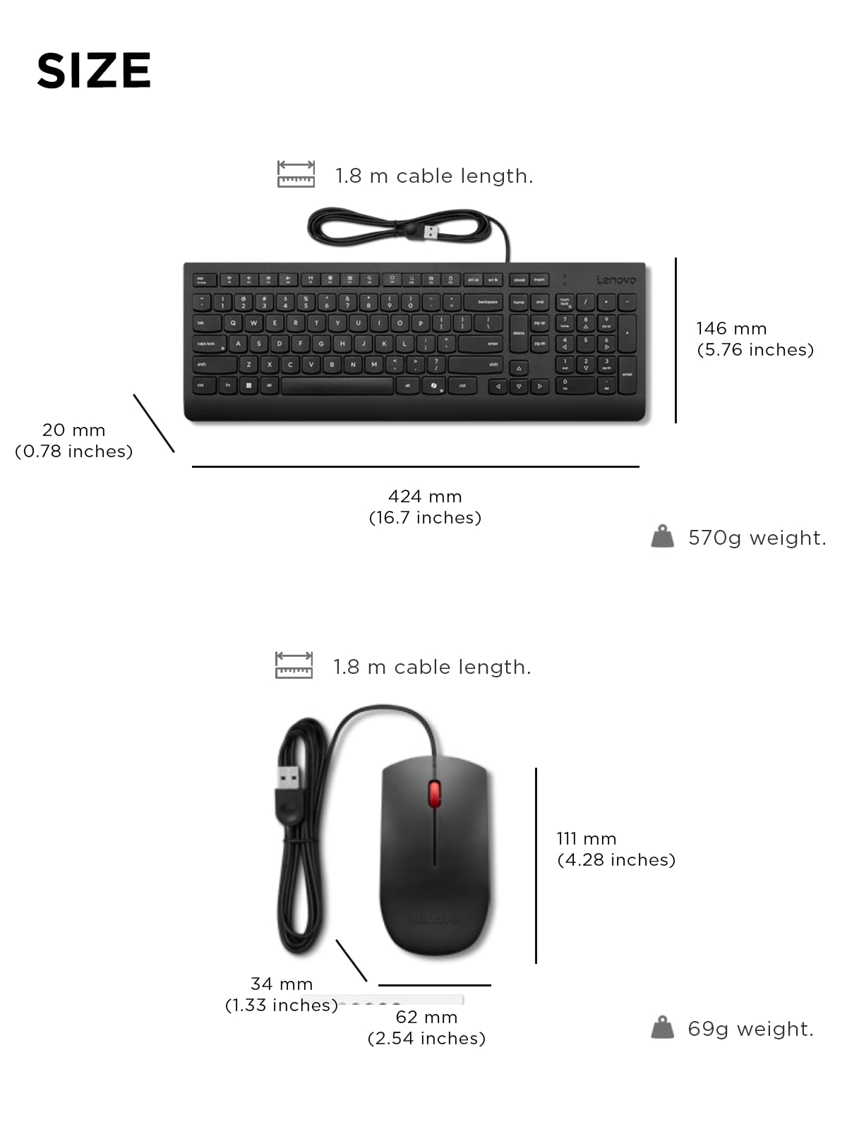 Lenovo Essential Wired Keyboard & Mouse Combo - US English, Adjustable Feet, Spill Resistant Keys, Full Size Ambidextrous Optical Mouse, 1600 DPI