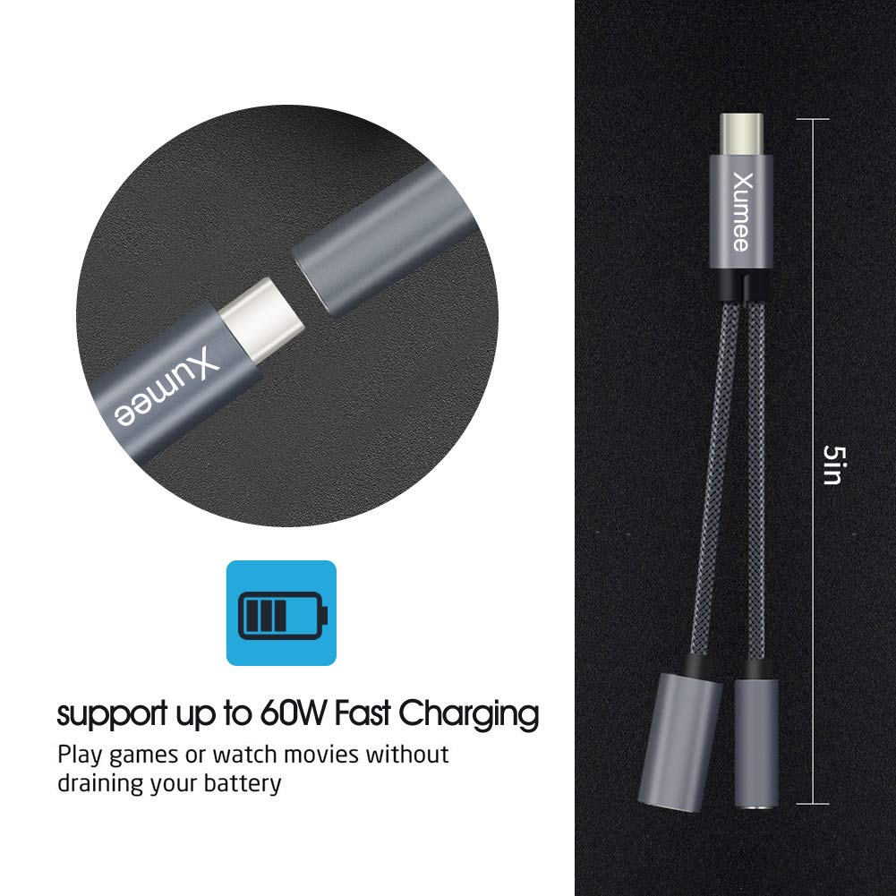Xumee USB Type C to 3.5mm Headphone and Charger Adapter, 2-in-1 USB C to Aux Audio Jack Hi-Res DAC and Fast Charging Dongle Cable Compatible